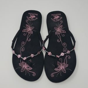 Pink floral beaded flip flops